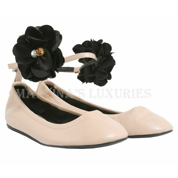 LANVIN SHOES BALLET FLATS NUDE LEATHER BLACK FLOWER DETAIL sz 36.5 US 6